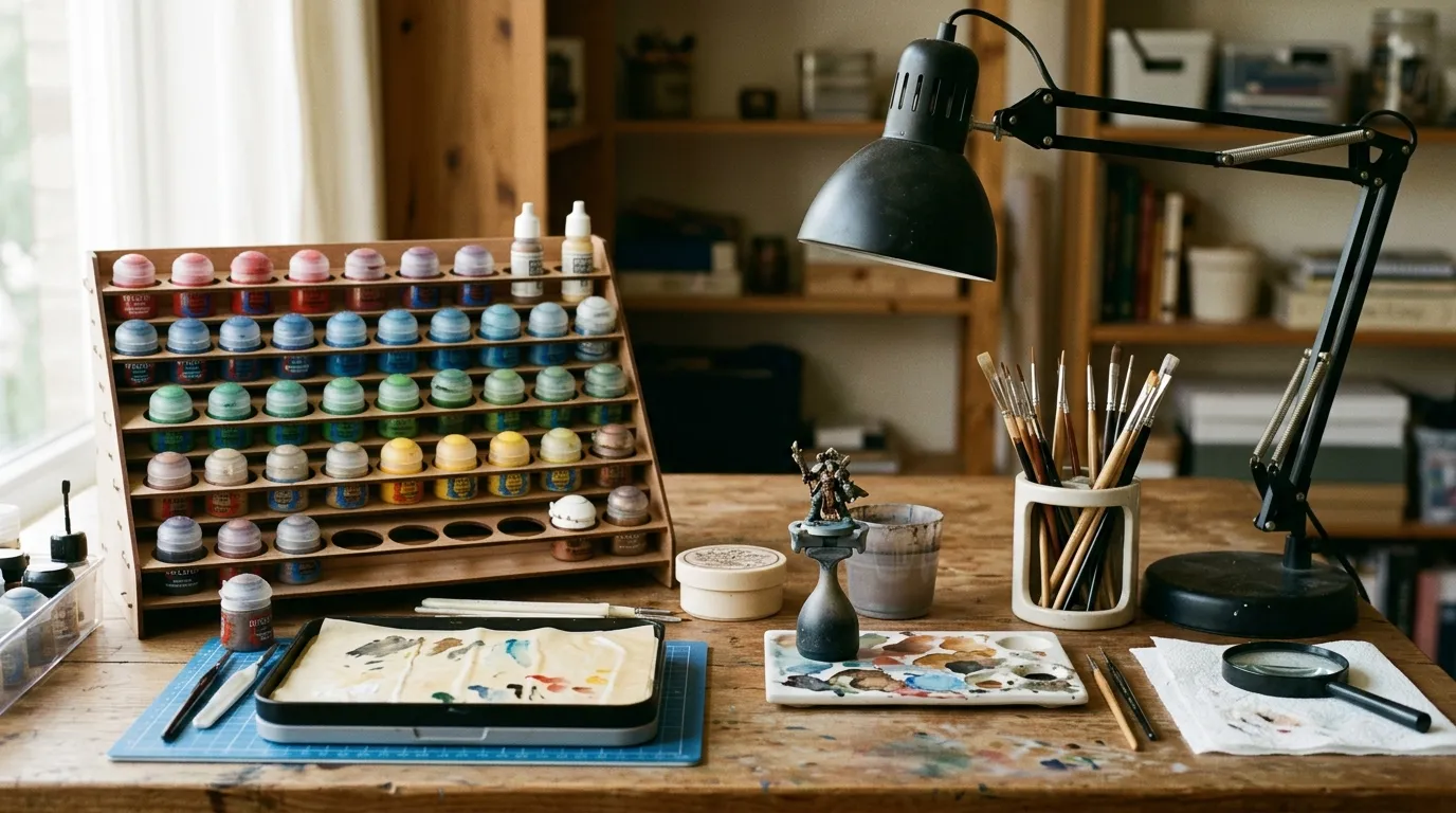 Painting desk with a rack of paint pots, brushes in a jar, a palette and a figure on a stand