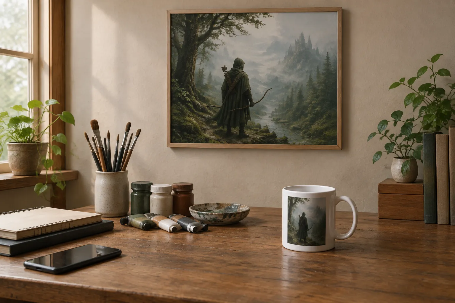 A framed character painting above a desk, with a mug of the same picture below.