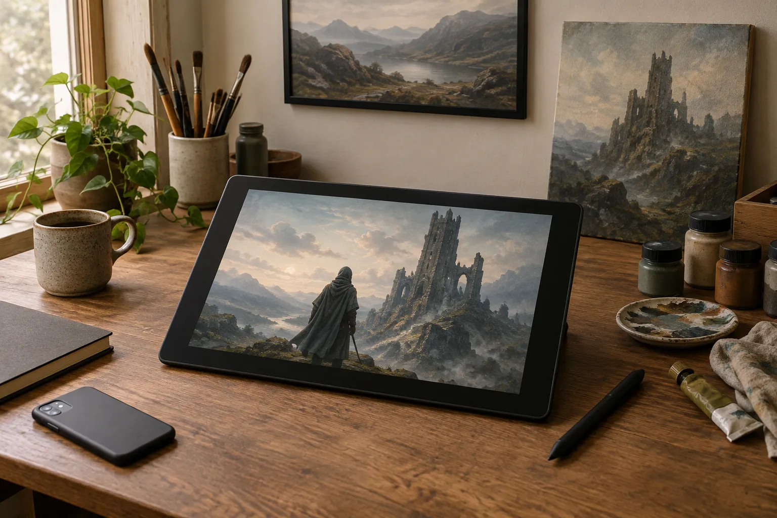 A drawing tablet and stylus, the screen showing a finished painting of a cloaked figure.