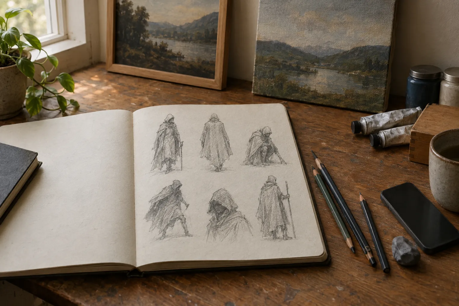 A sketchbook page of rough thumbnail sketches of one cloaked character in six poses.