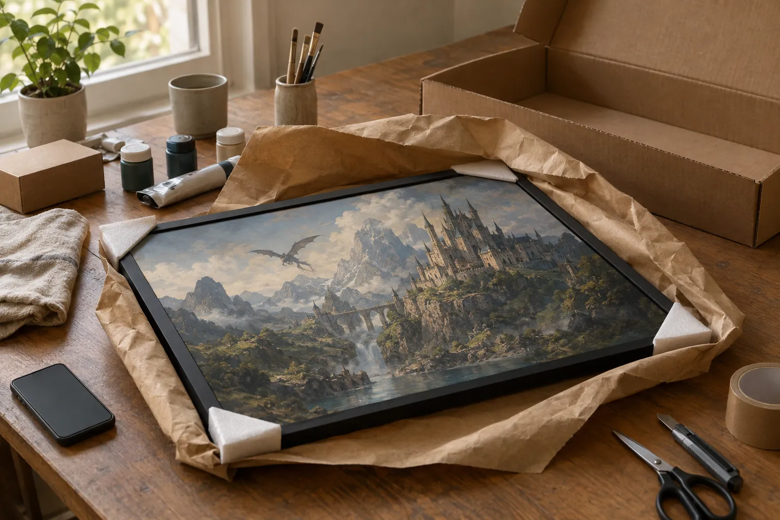 A framed painting partly unwrapped from brown paper beside its open box.