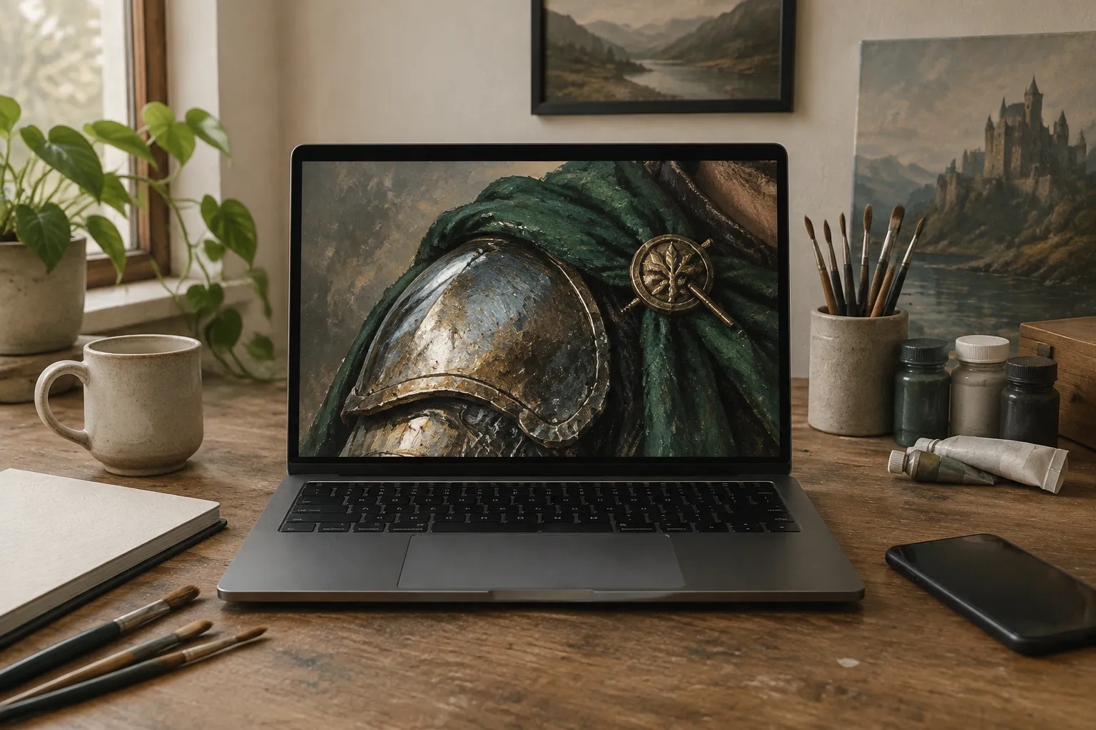 A laptop screen filled with a sharp close crop of a character painting.