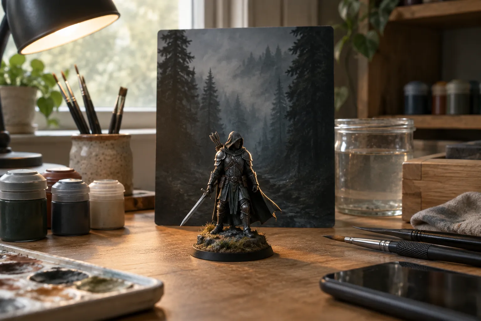 A dark-armoured painted miniature lit from one side in front of a dark misty forest backdrop card.