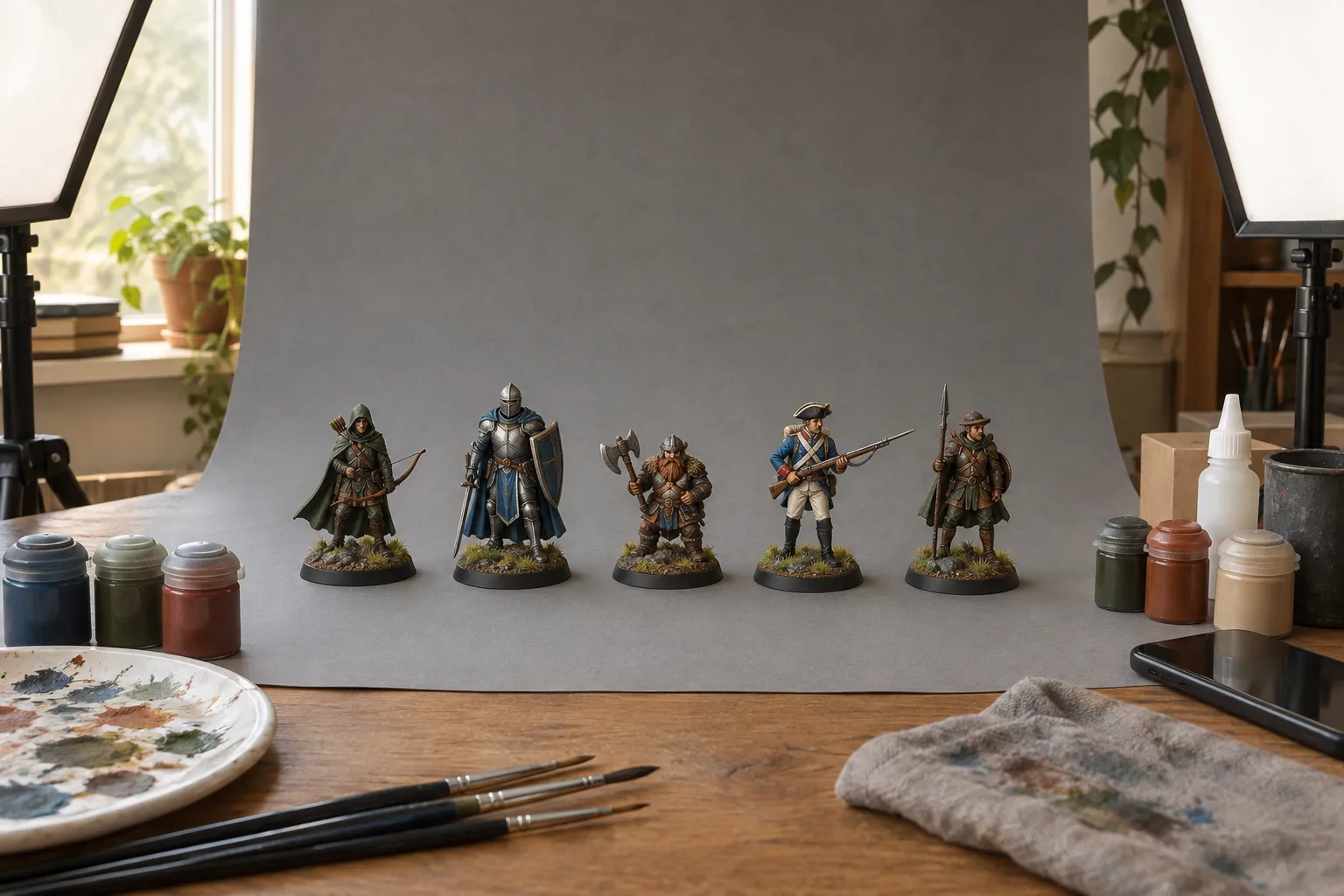 Five painted miniatures in a row on a terrain board in front of a curved roll of mid-grey backdrop paper.