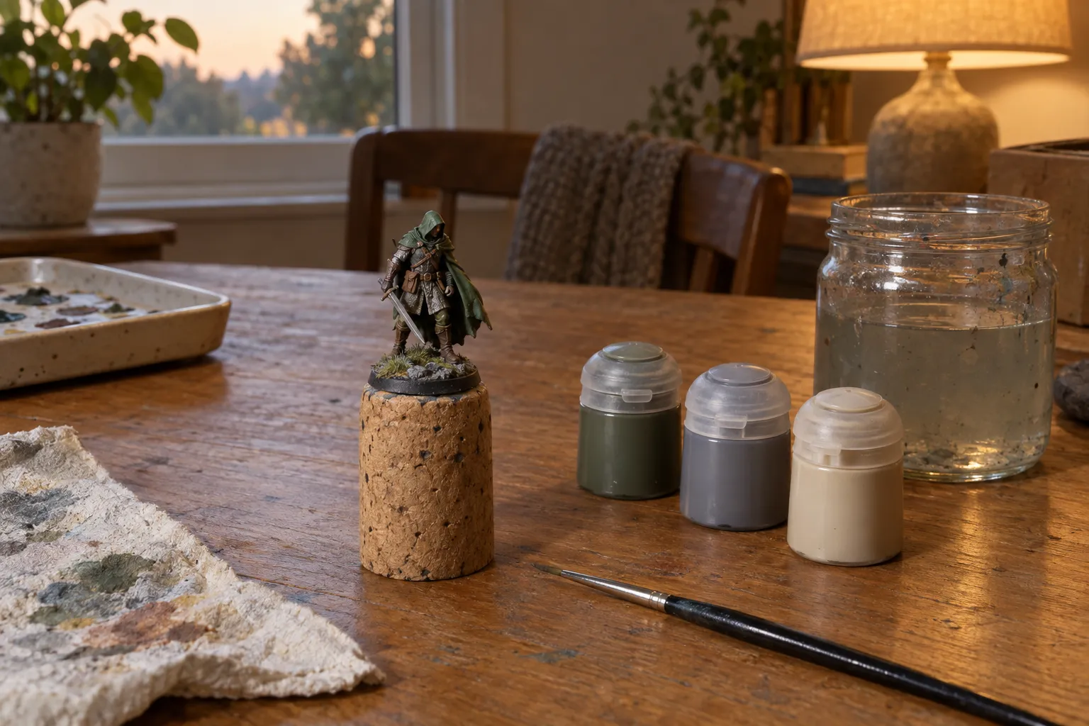 A first painted figure on a cork, beside three paint pots on the kitchen table, sample