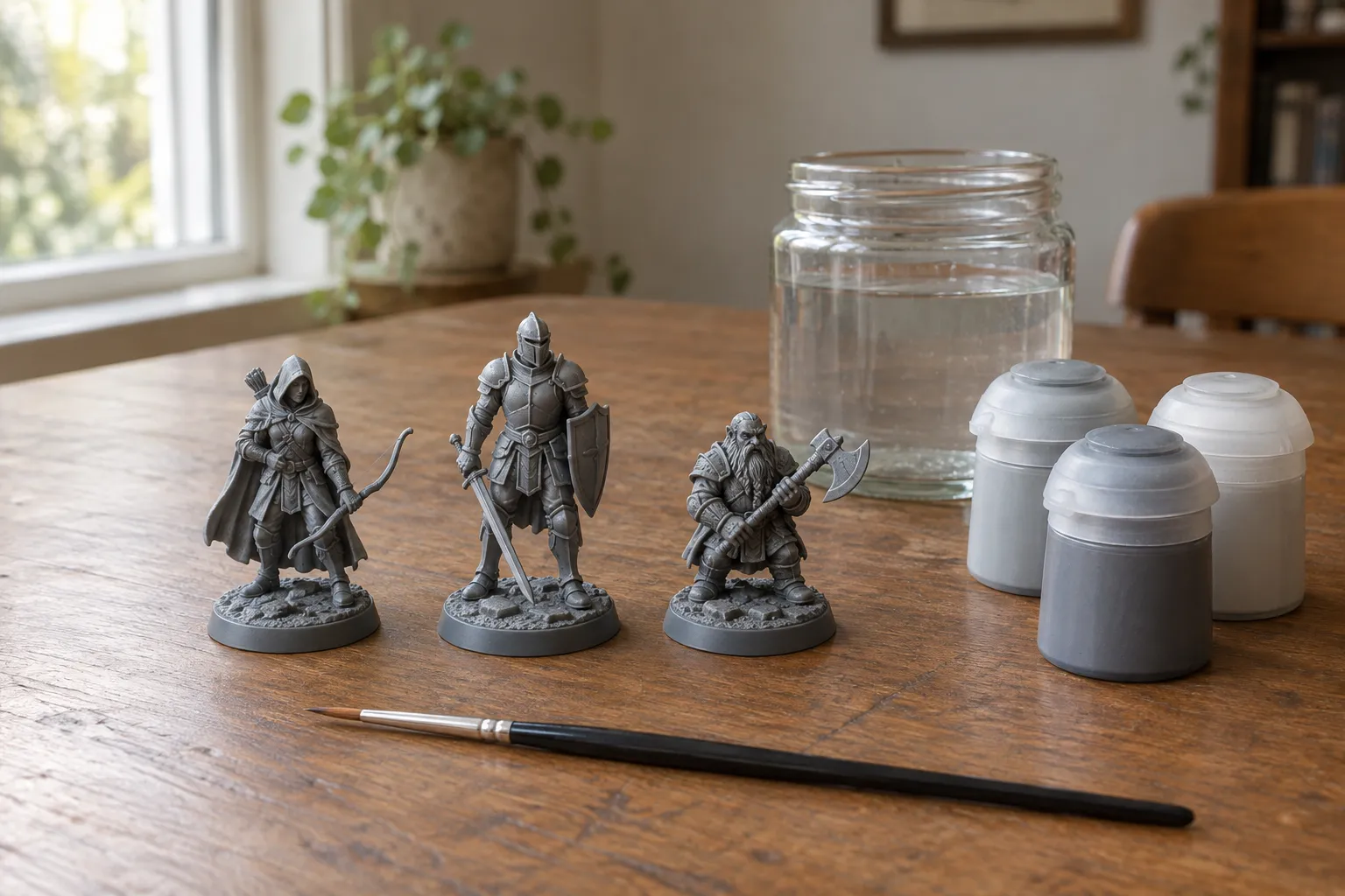 Three unpainted grey miniatures with a brush, a water jar and three paint pots on a kitchen table.
