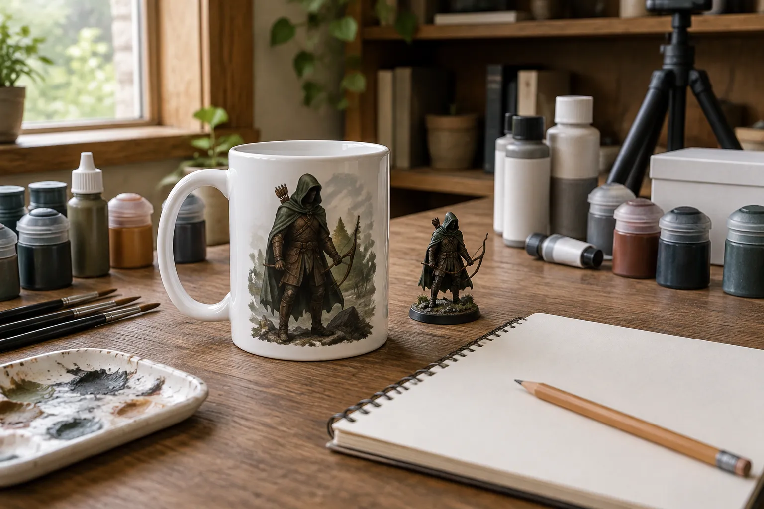 A mug with a hooded ranger picture at a player’s place on a game table.