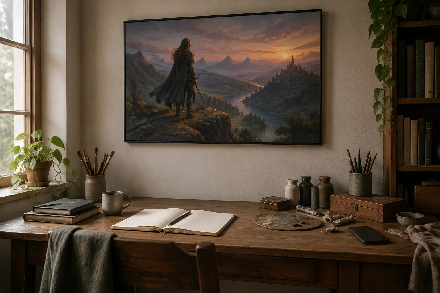 A framed oil painting of a cloaked swordswoman seen from behind on a cliff, above a desk.
