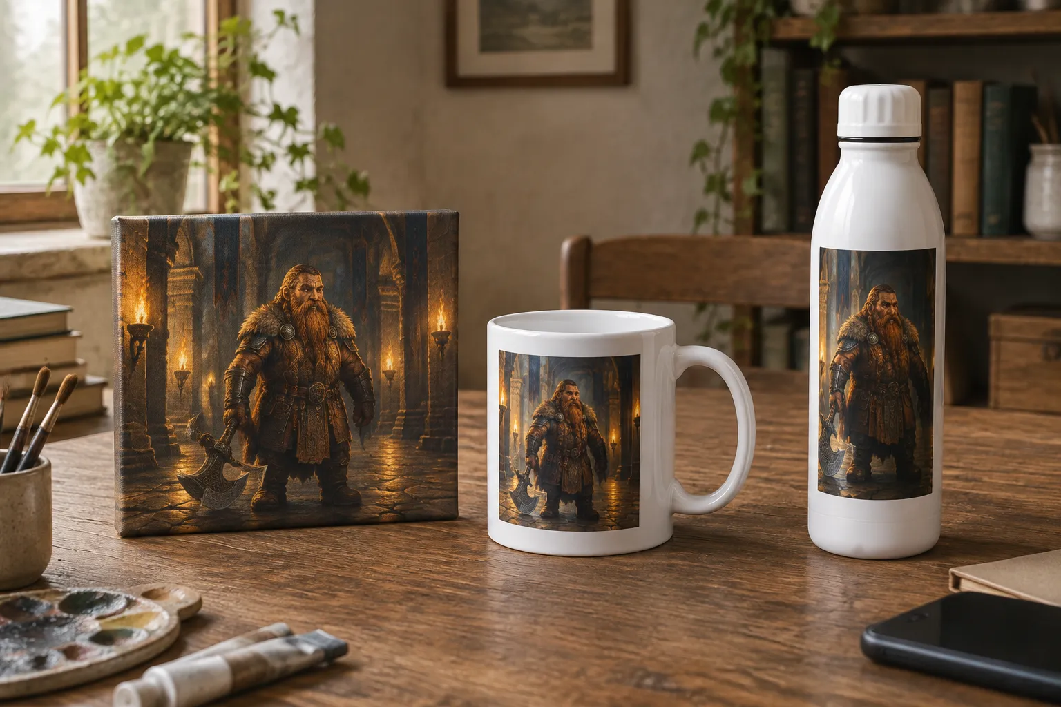 The same dwarf character picture on a small canvas, a mug and a bottle.