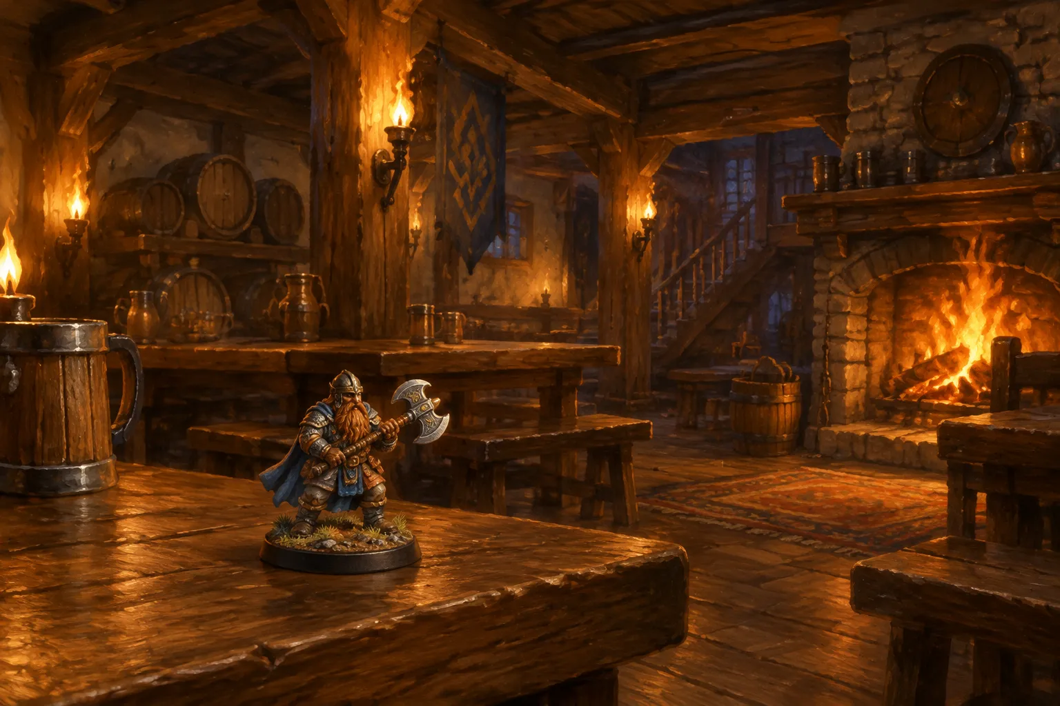 A painted dwarf miniature placed in a torch-lit tavern scene.