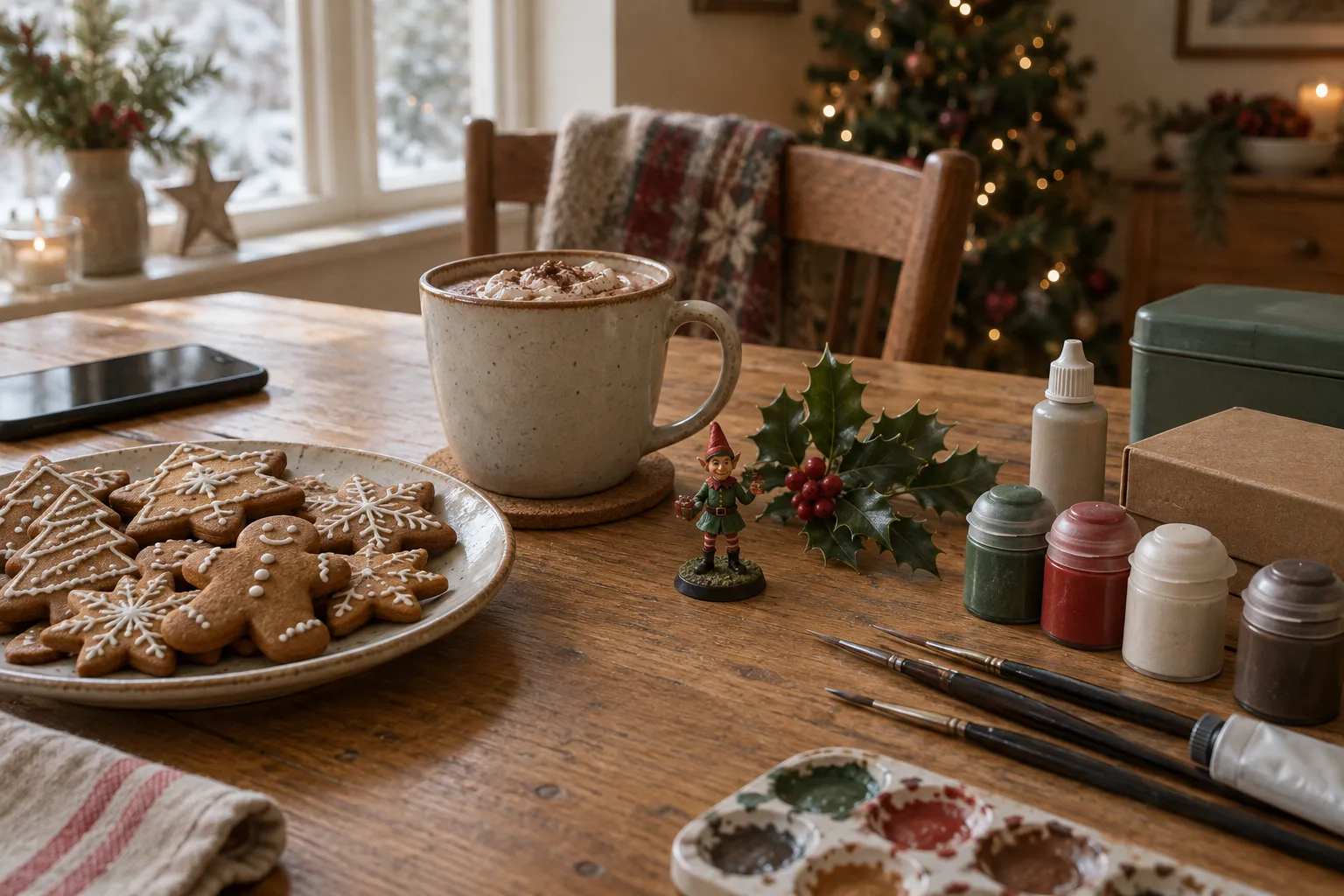 A small painted Christmas-elf miniature on a kitchen table with gingerbread and cocoa.