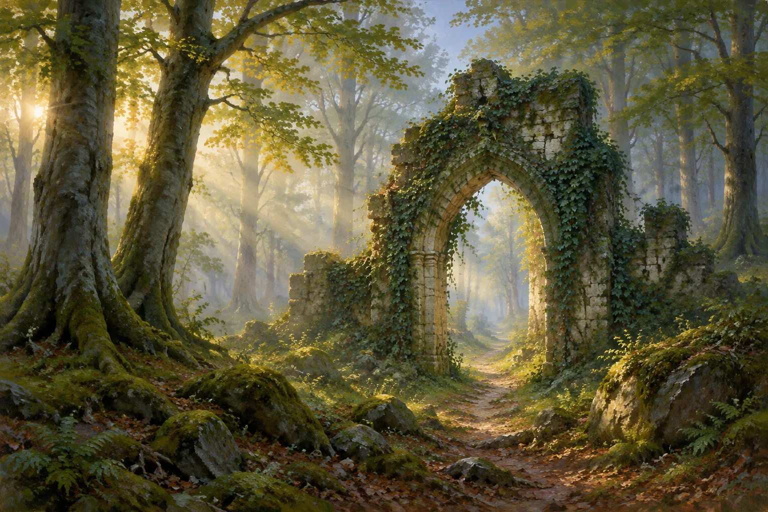 An oil painting of a misty beech forest with an ivy-covered stone archway at dawn.