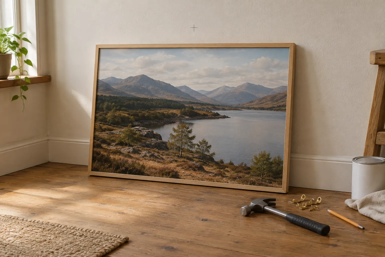 A framed photograph leaning against a wall with a hammer and picture hooks, ready to hang.
