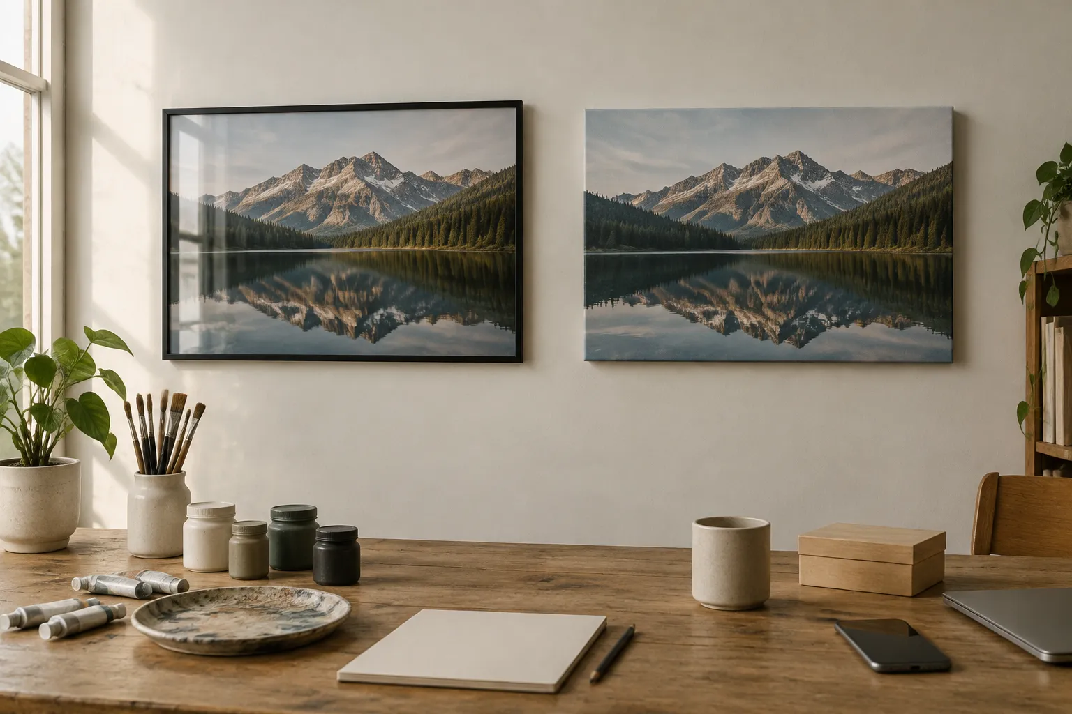 The same mountain-lake photograph framed on paper and as a canvas, side by side.