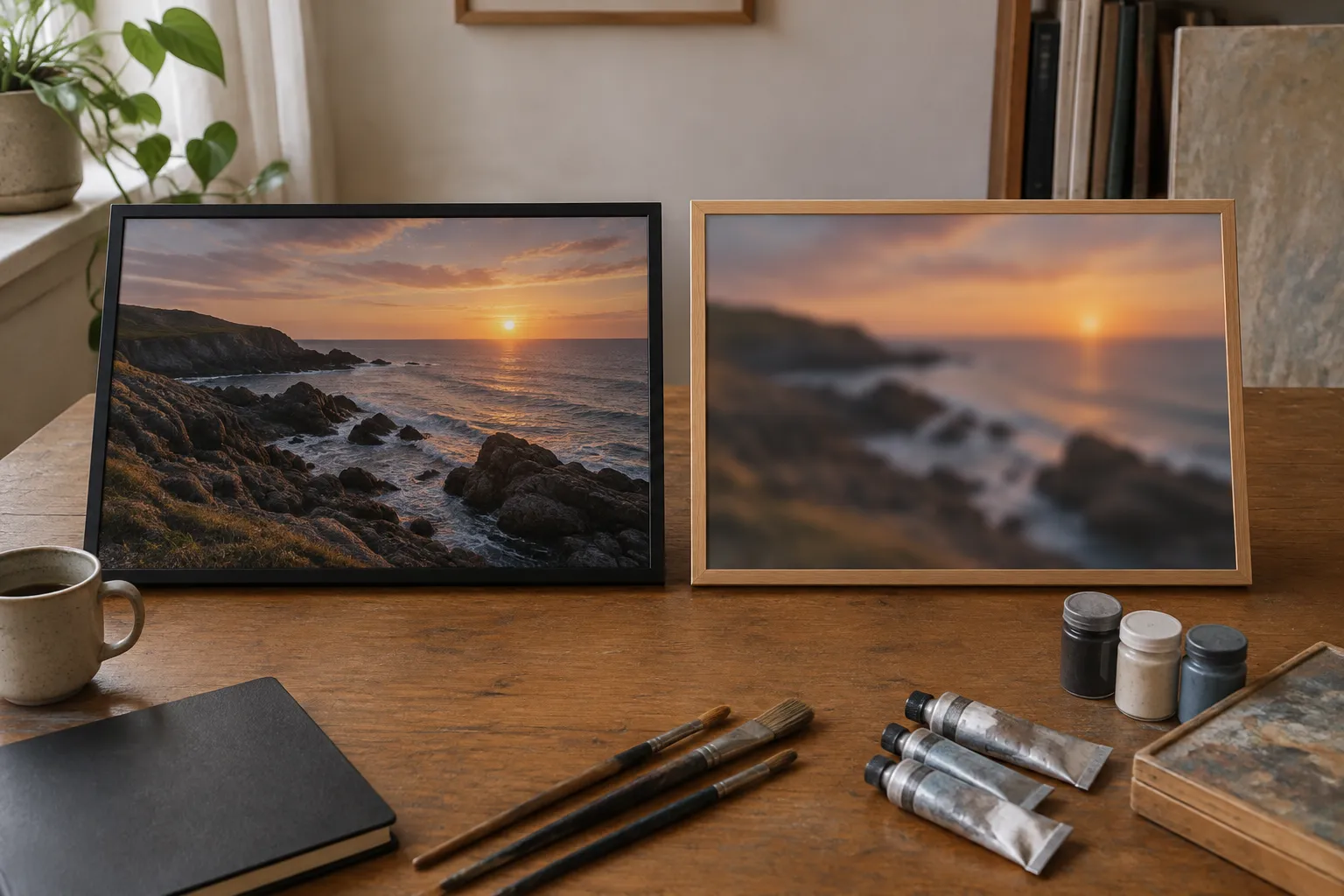The same coastline photograph twice: crisp on the left, soft on the right.