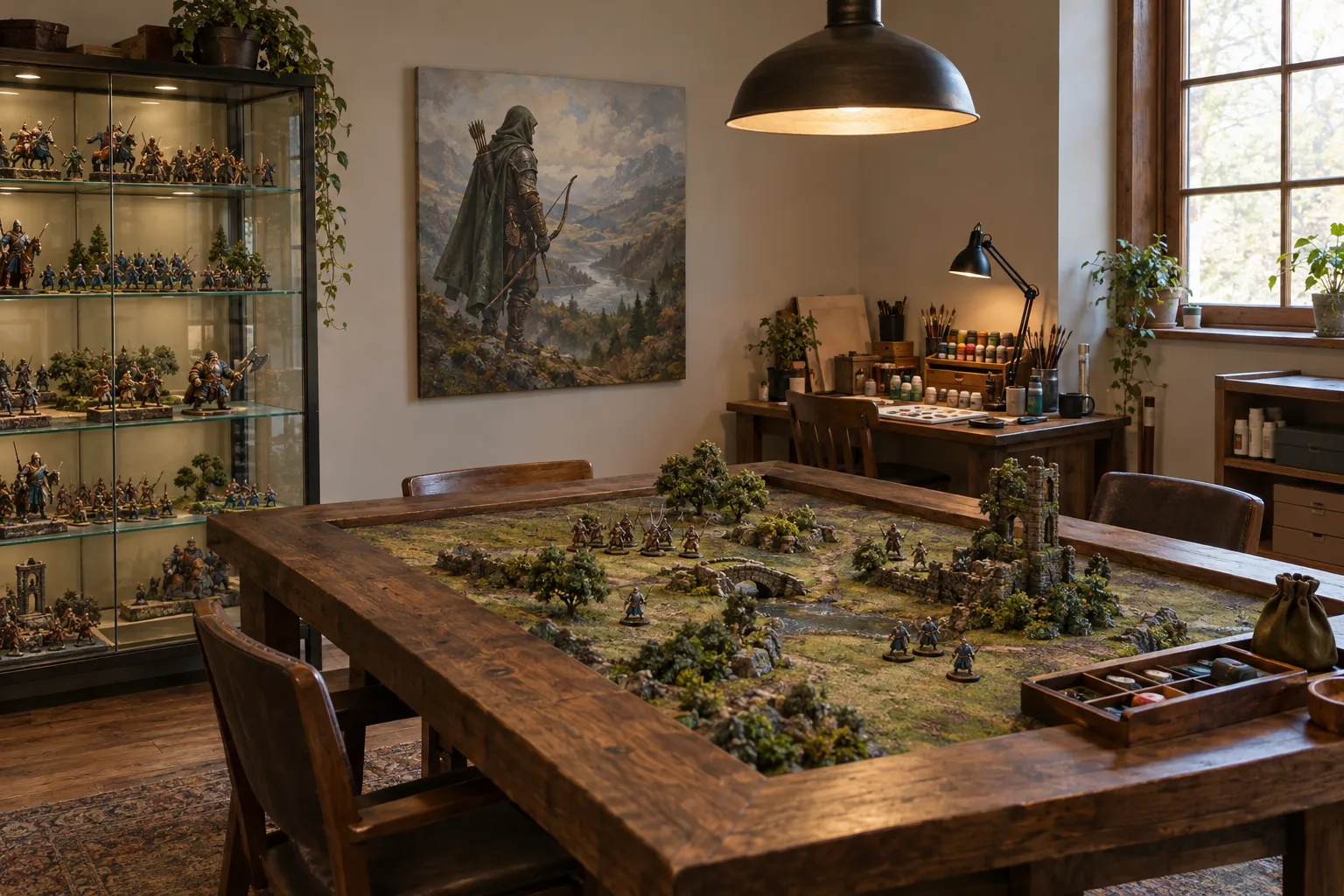 A gaming room with a table, a display cabinet, a painting desk and a canvas on the wall.