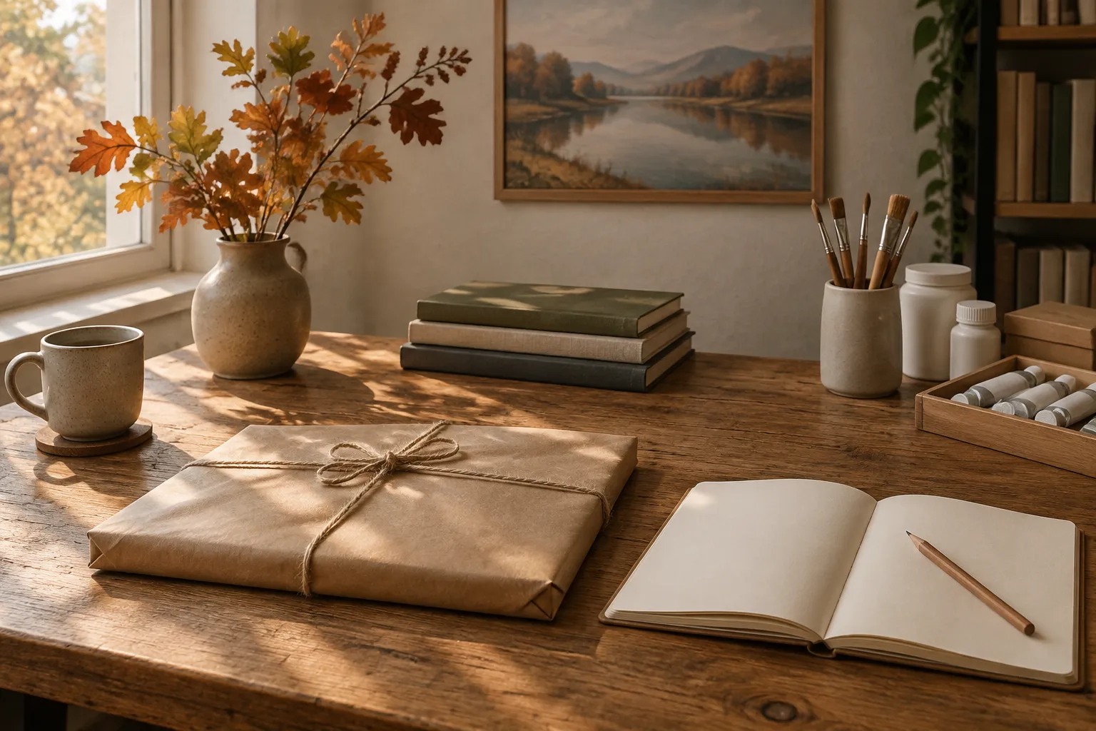 A flat brown-paper parcel tied with twine beside an open blank notebook and a pencil.