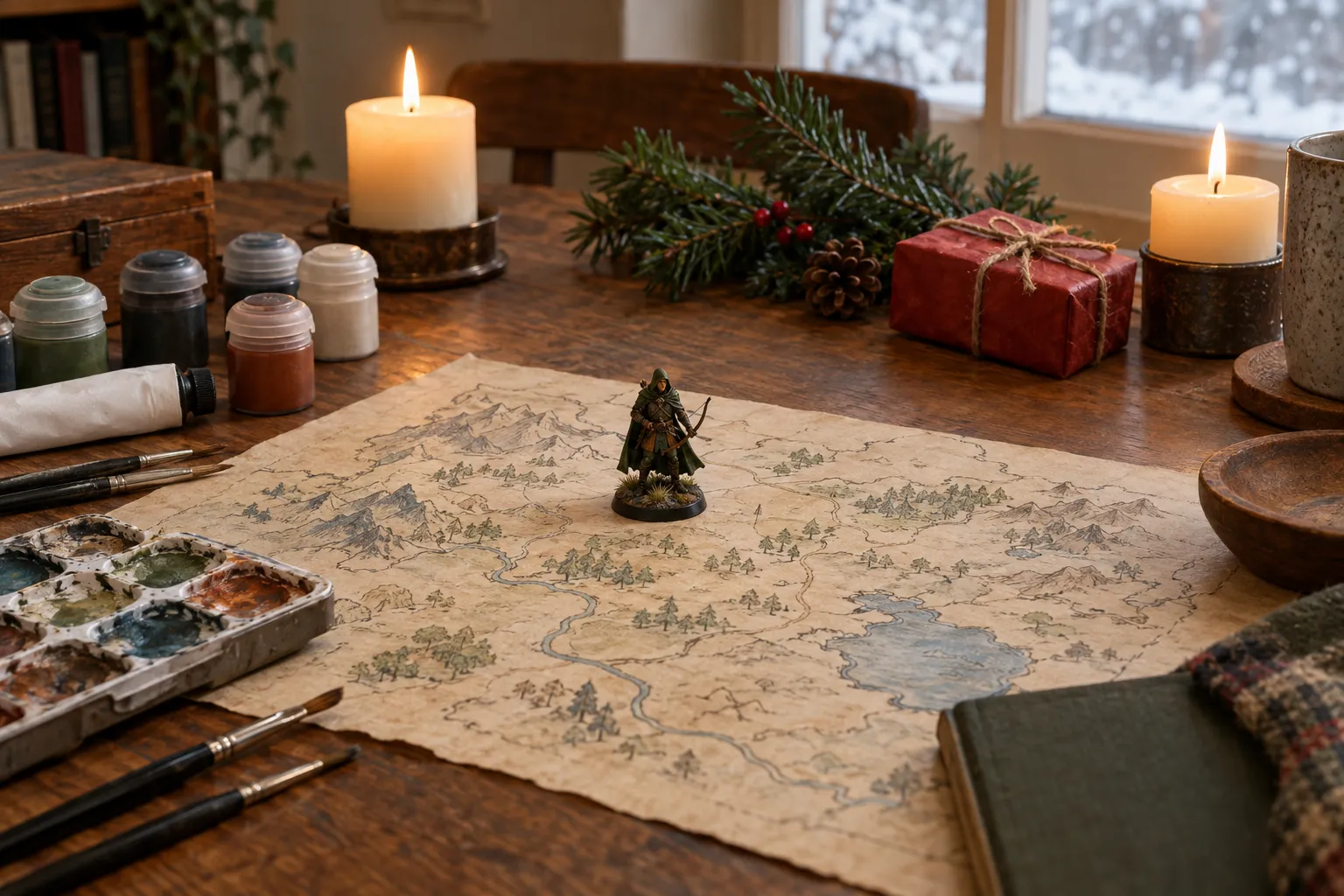 A December games table with a painted miniature on a hand-drawn map, candles, pine and a small red present.