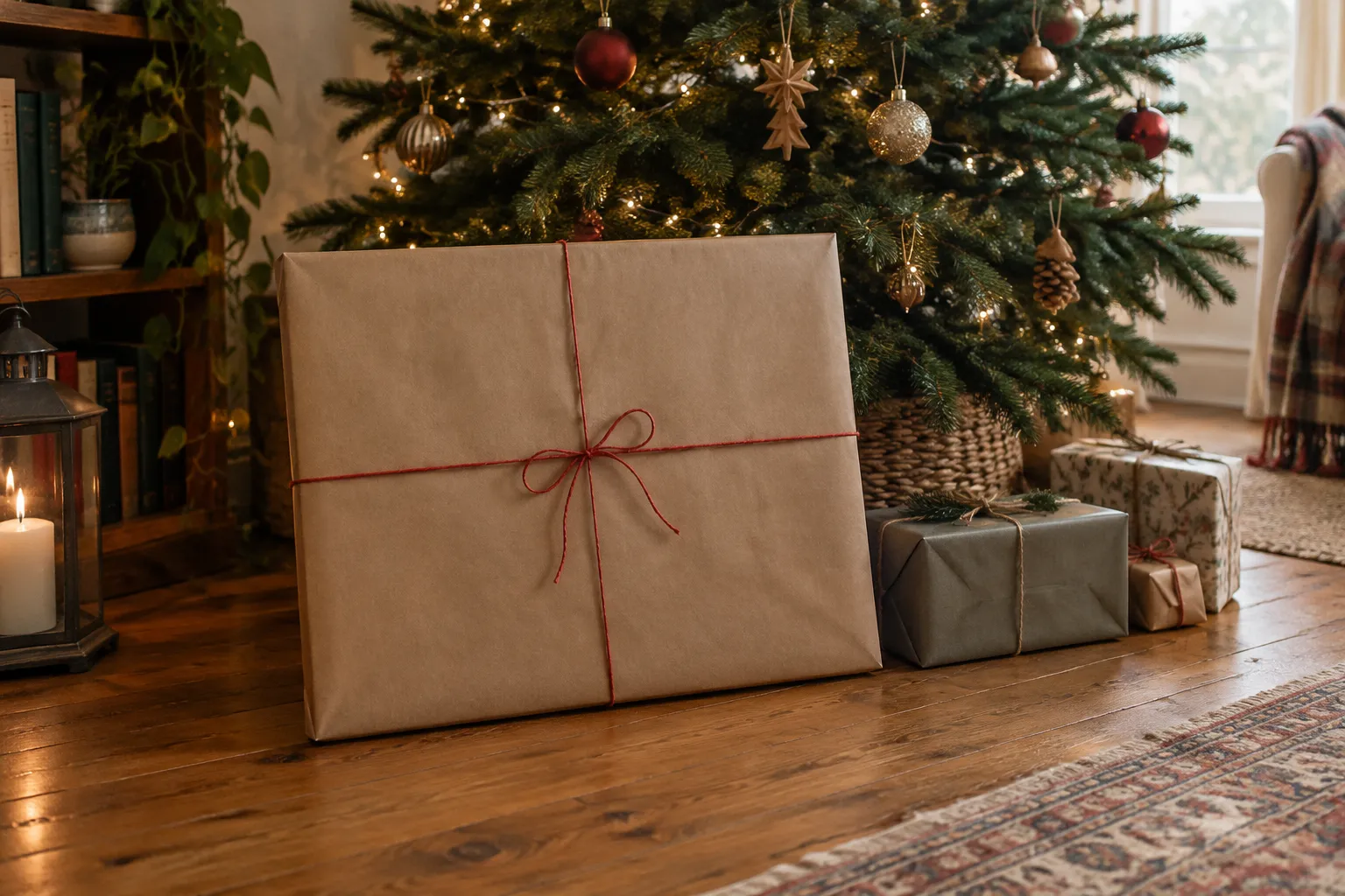 A flat brown-paper parcel with red twine leaning at the foot of a Christmas tree.