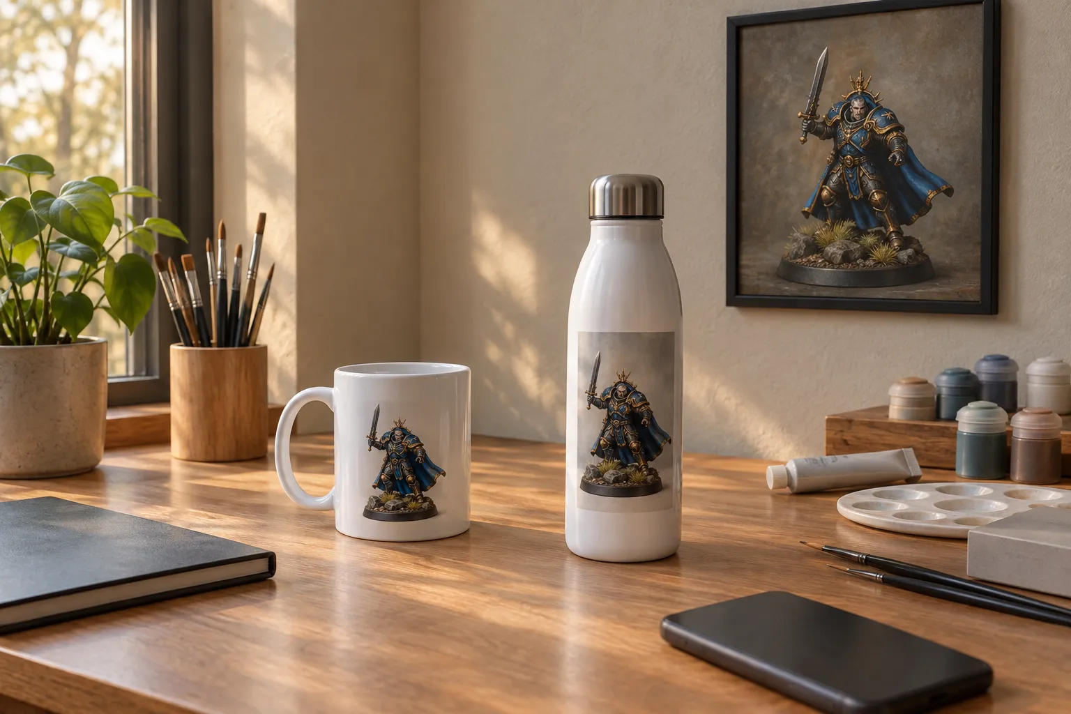 A desk with a picture mug and bottle and a framed picture of the same figure on the wall behind.