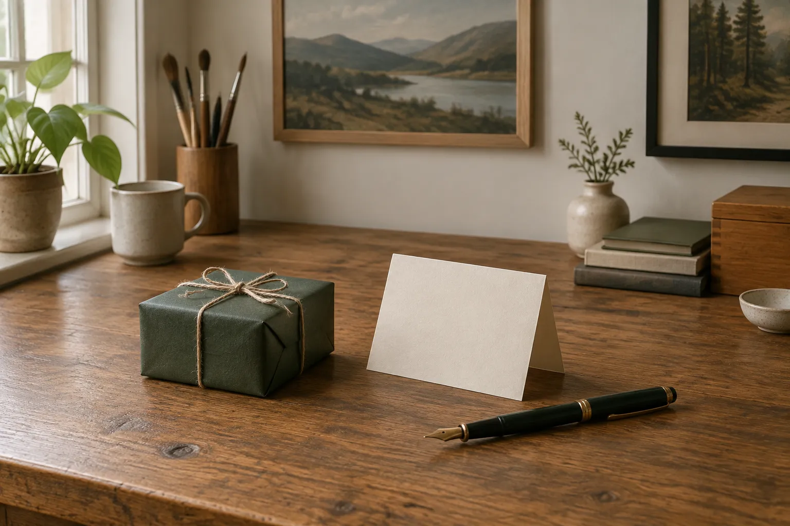 A wrapped gift box with a blank folded card and a fountain pen on a desk.