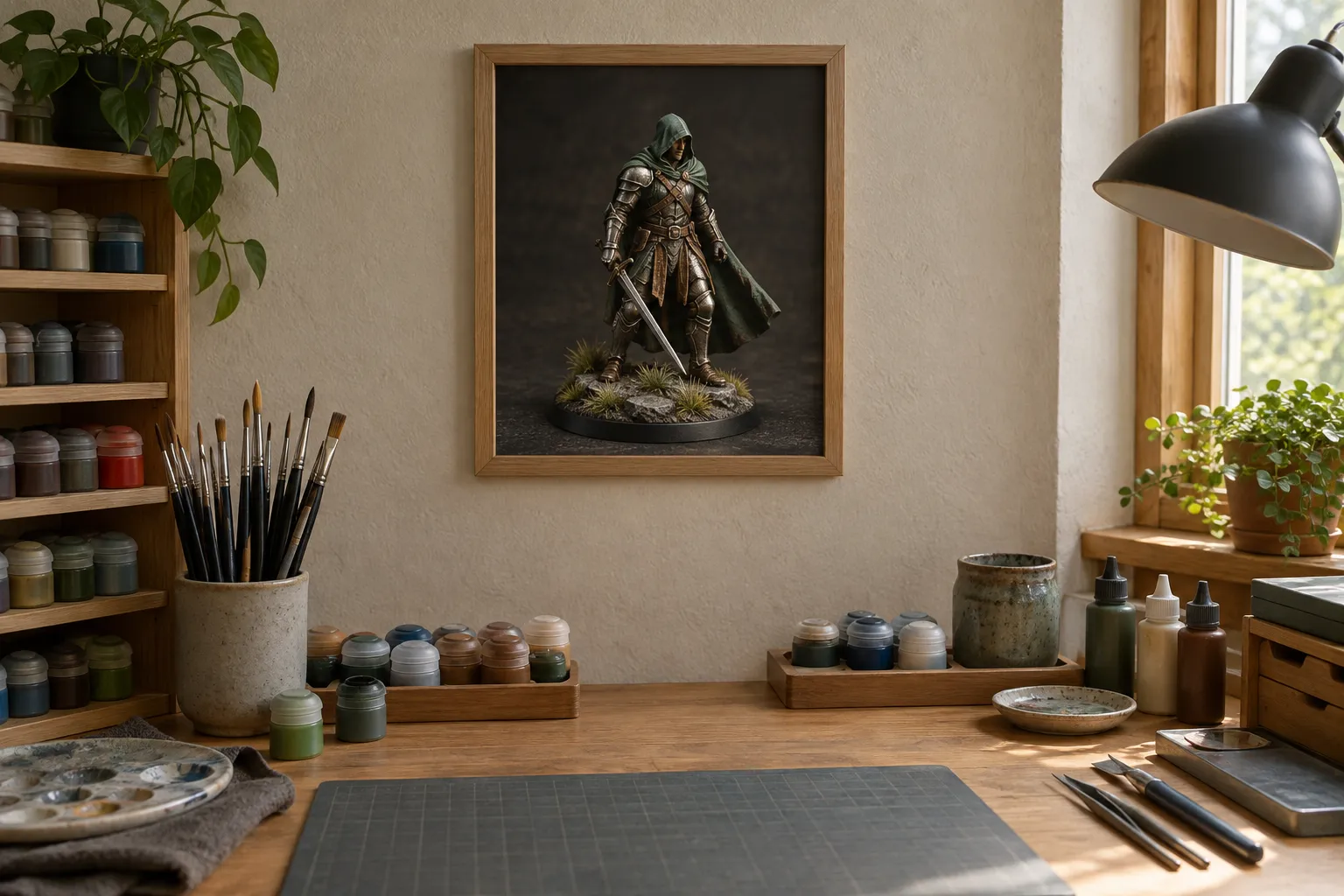 One natural-wood framed picture of a painted miniature on the wall above a hobby bench
