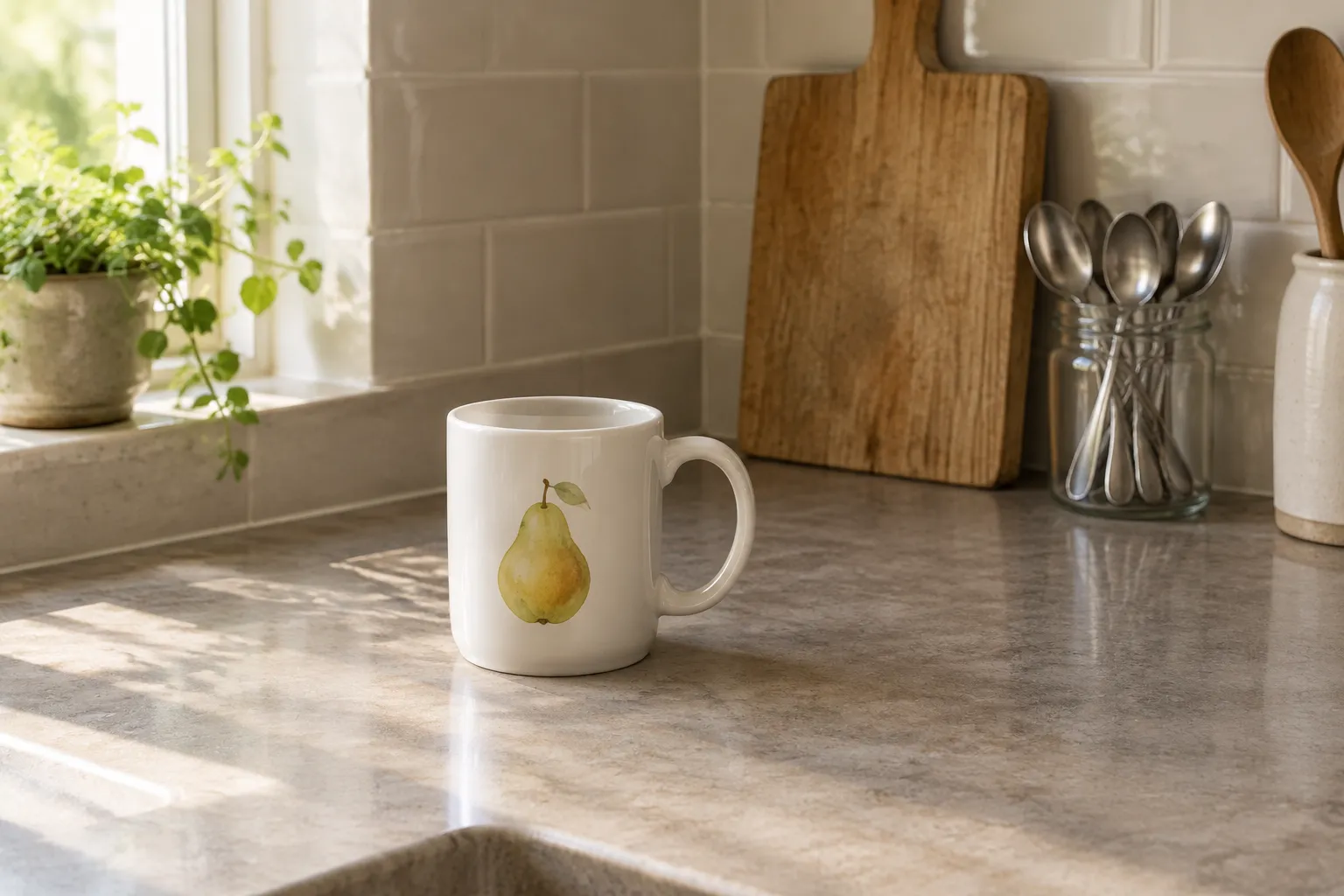 A white mug with a painted watercolour pear on one side, on a kitchen worktop.