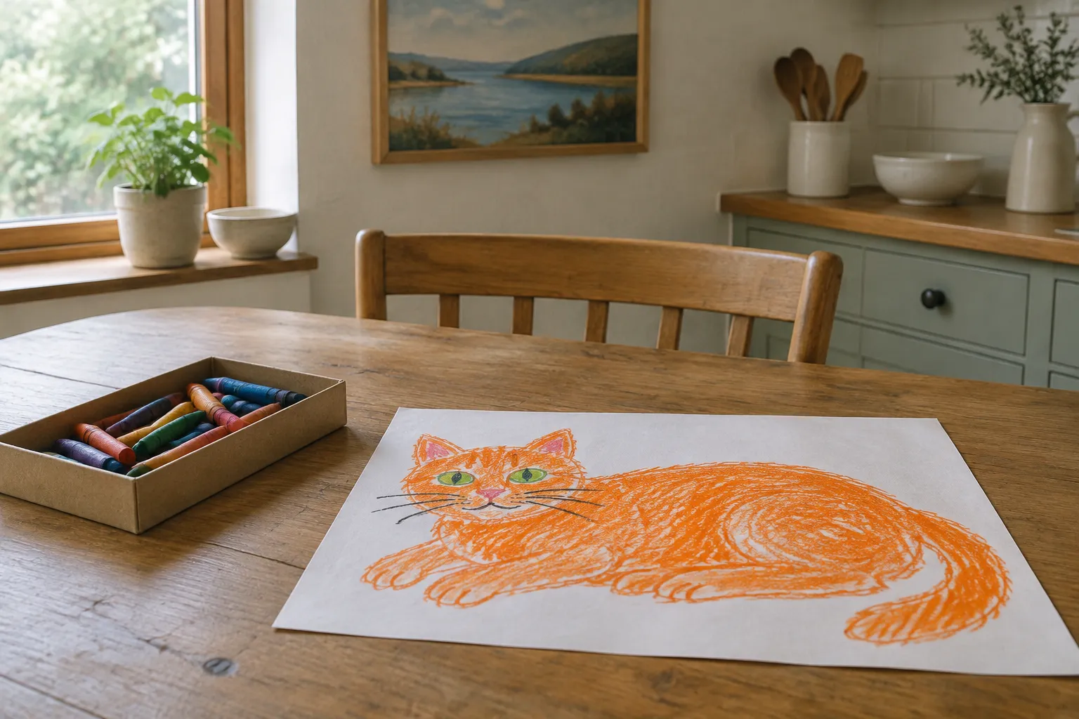 A child’s crayon drawing of a big orange cat on a kitchen table.