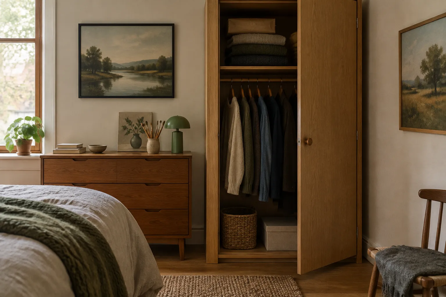A flat brown parcel hidden on a wardrobe shelf behind folded jumpers.