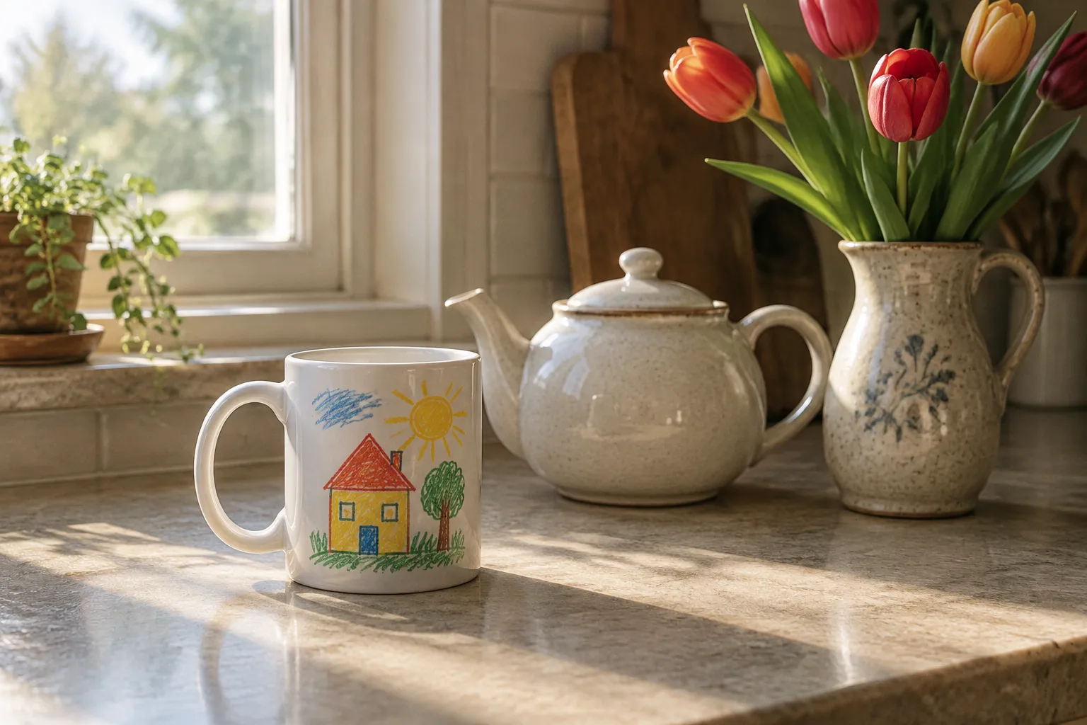 A white mug with a child’s crayon house drawing on a sunny kitchen counter.