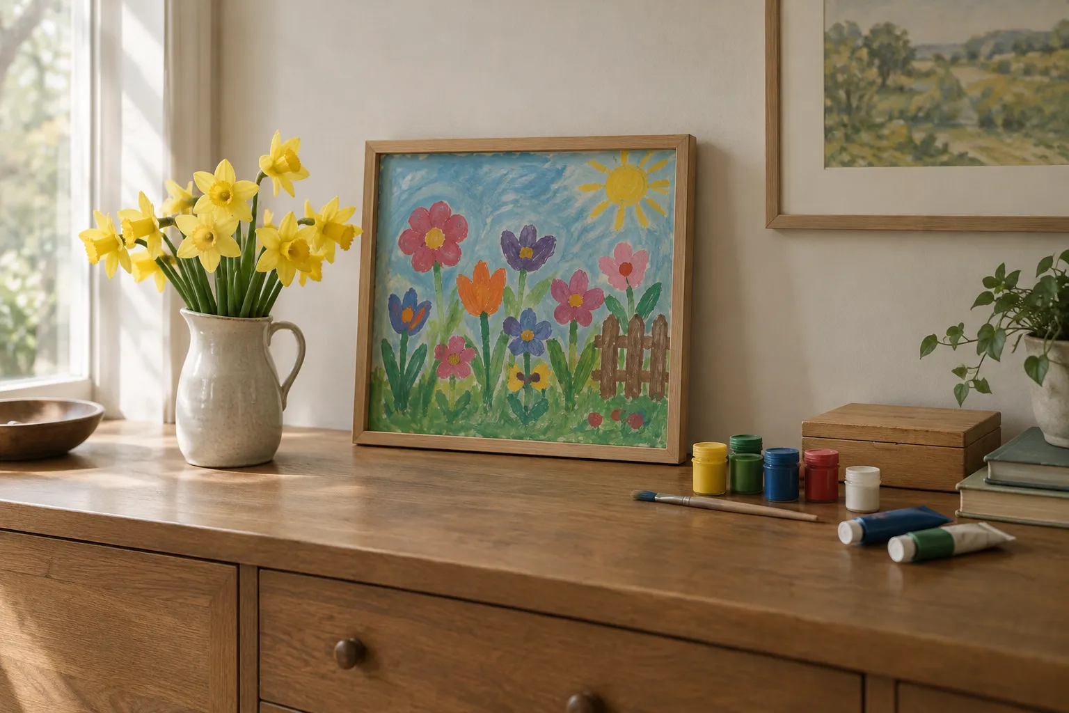 A child’s garden painting in a natural wood frame beside a jug of daffodils.