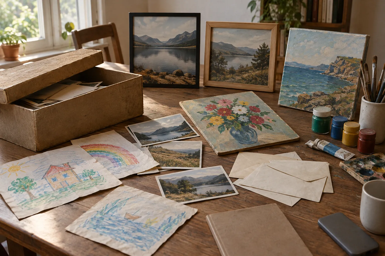 A shoebox of children’s drawings and old landscape snapshots spread on a table.