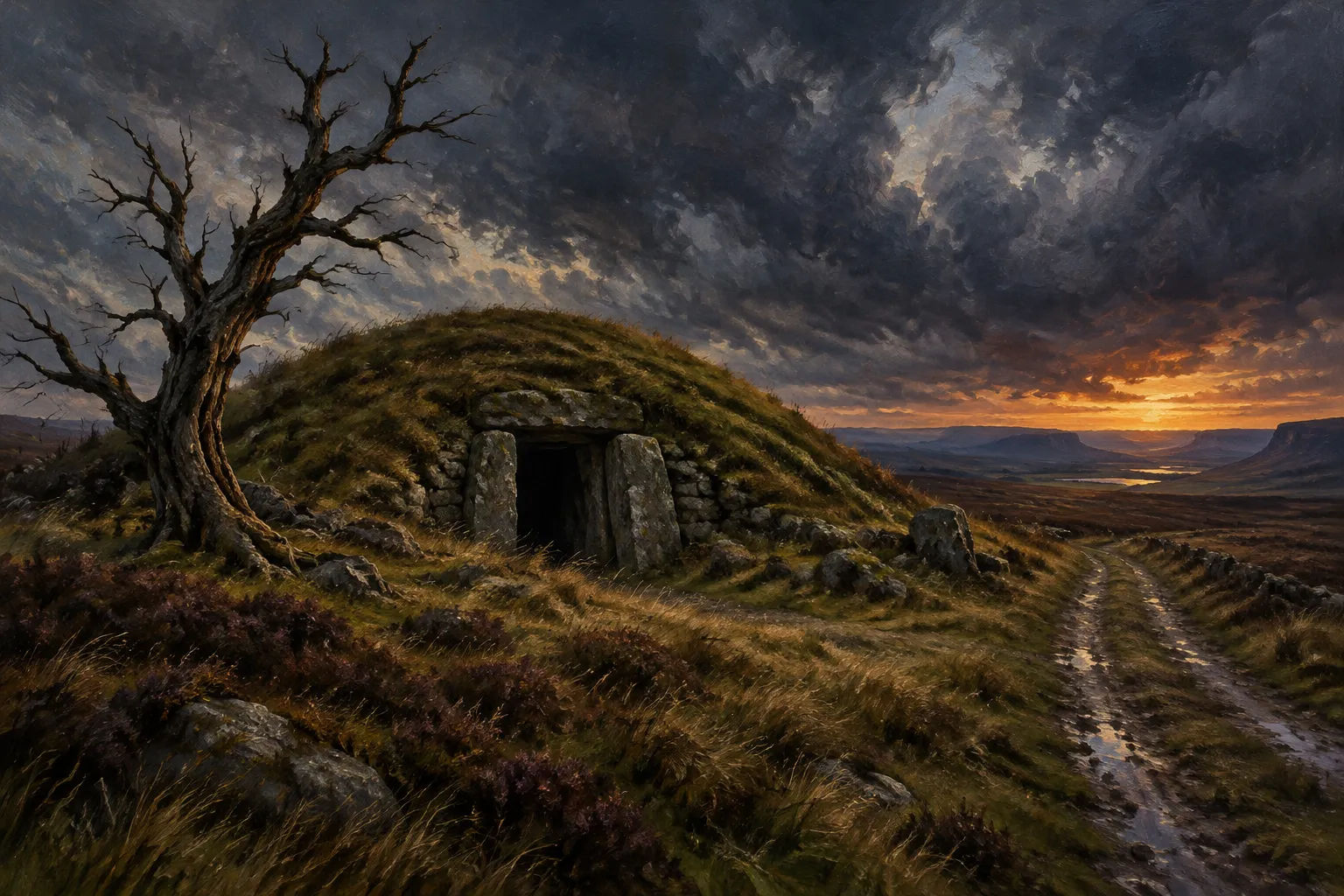 An oil painting of an ancient burial mound on a moor at dusk.