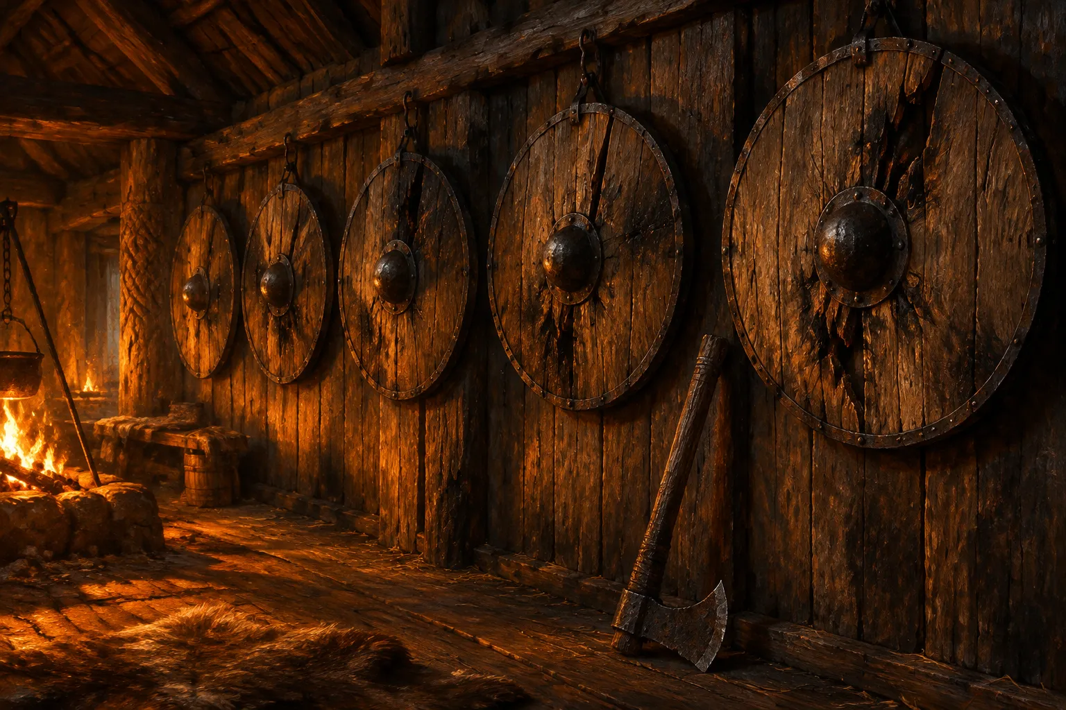 An oil painting of battered round wooden shields hung along a longhouse wall above an iron axe.