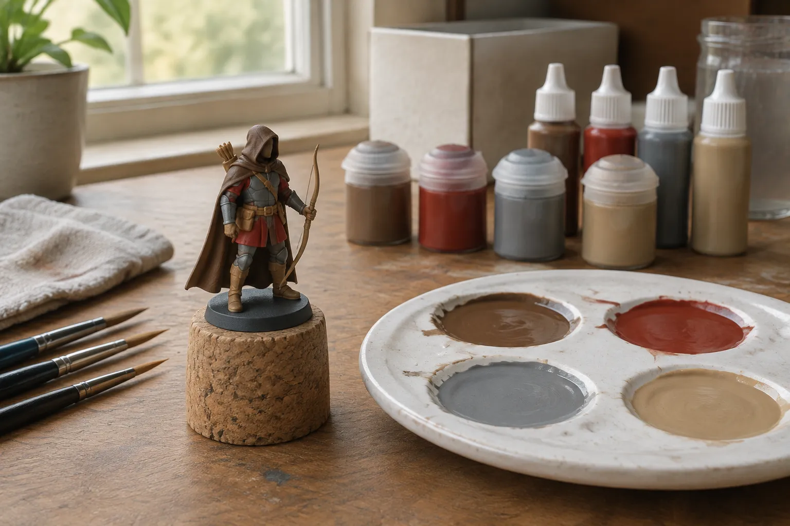 A miniature with flat base coats only, beside a palette of the four thinned colours.