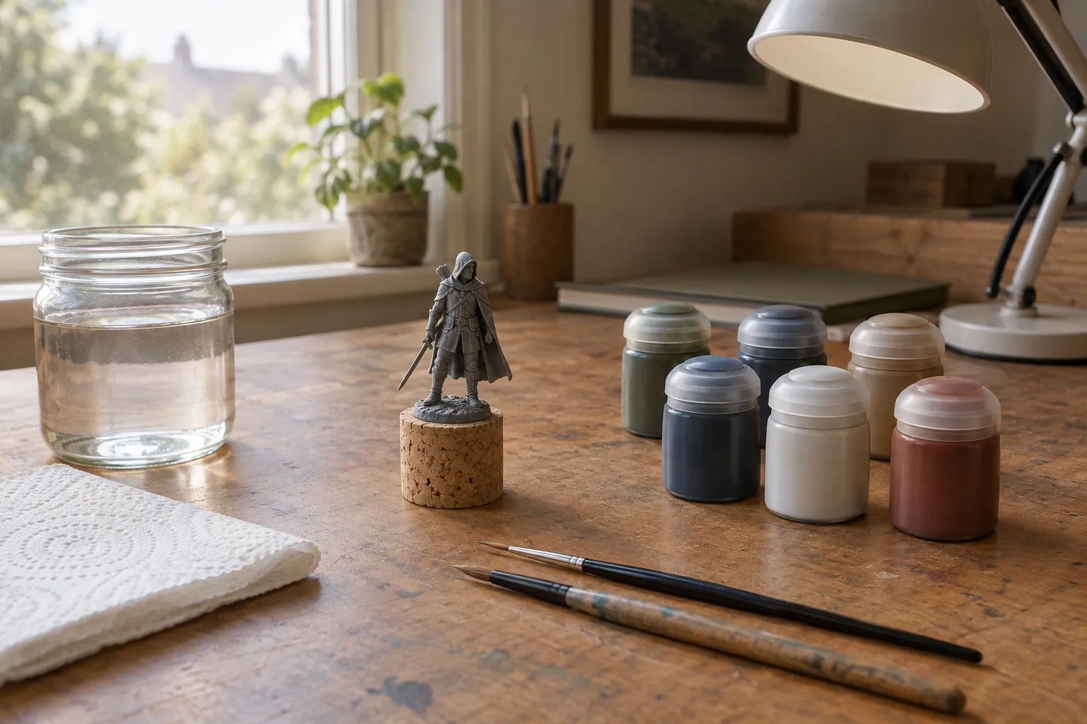 A minimal painting set-up: two brushes, a water jar, paper towel, six paint pots and a primed figure.