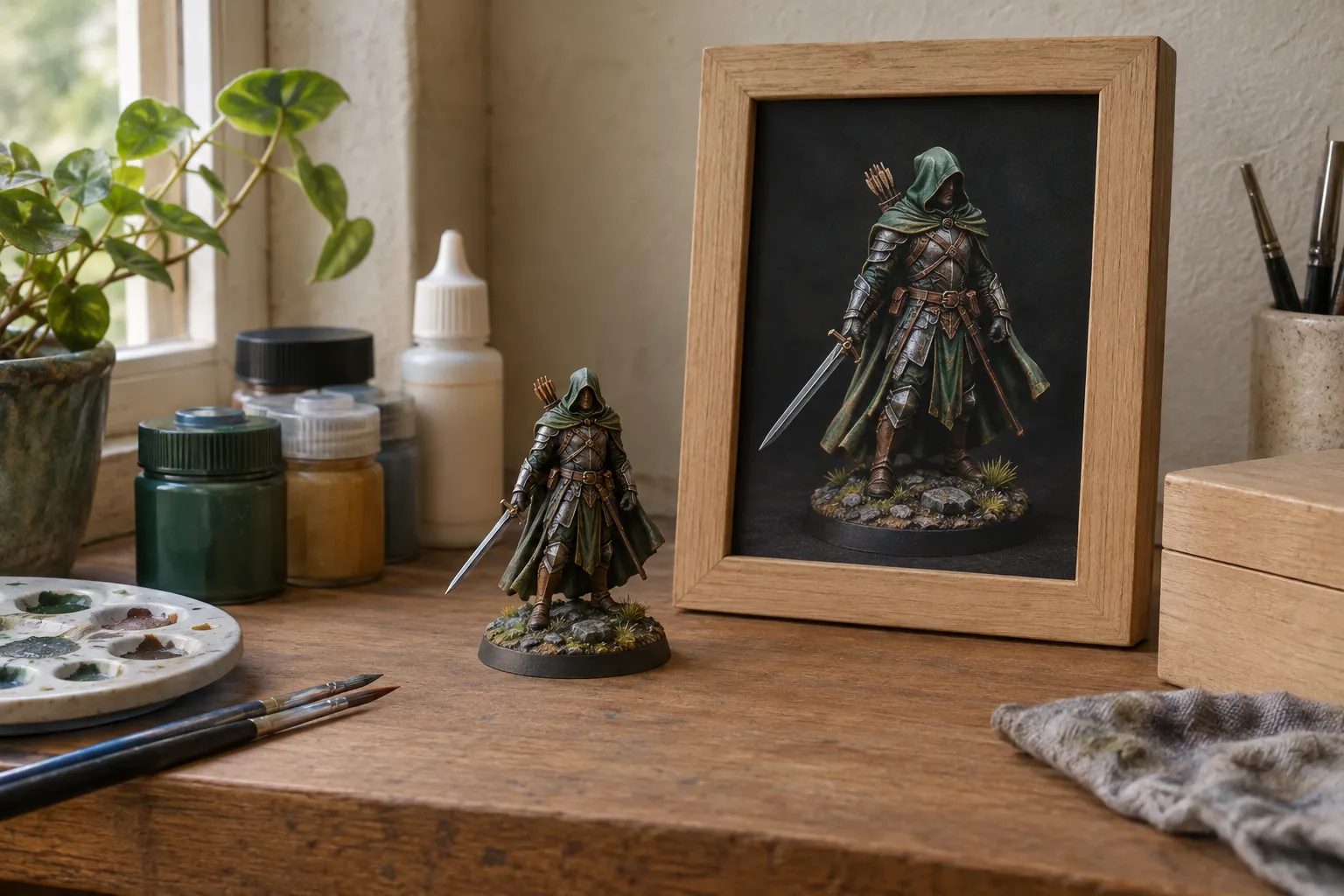 A finished painted miniature on a shelf in front of a framed photograph of itself.