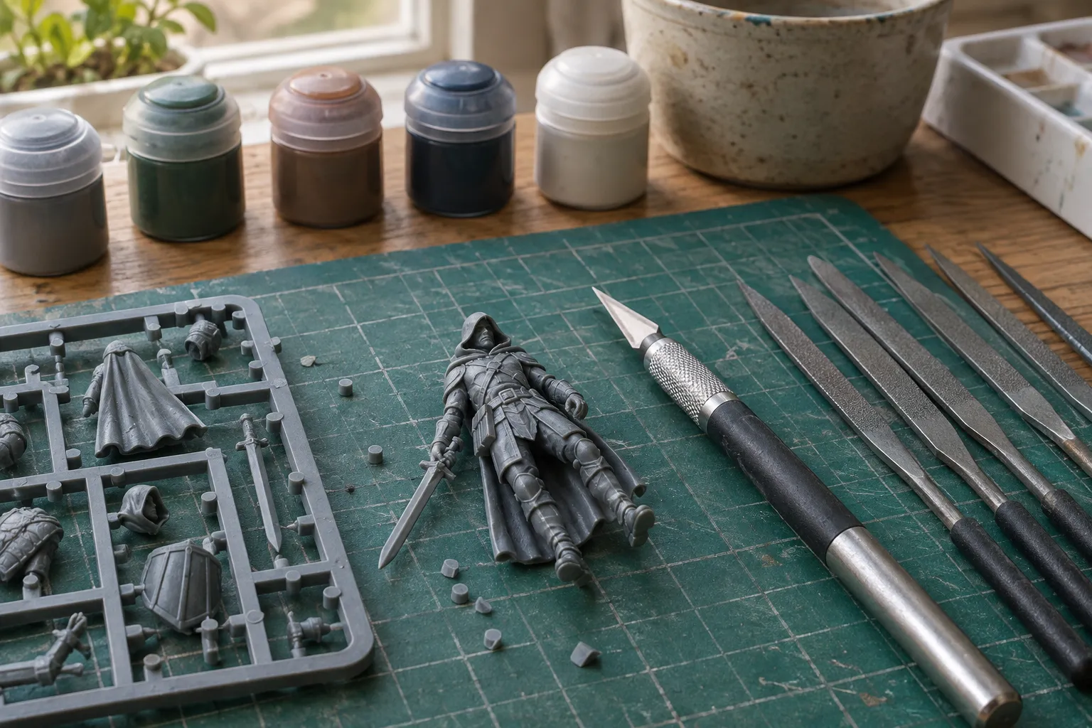 An unpainted grey miniature on a cutting mat with a hobby knife, needle files and its plastic frame.