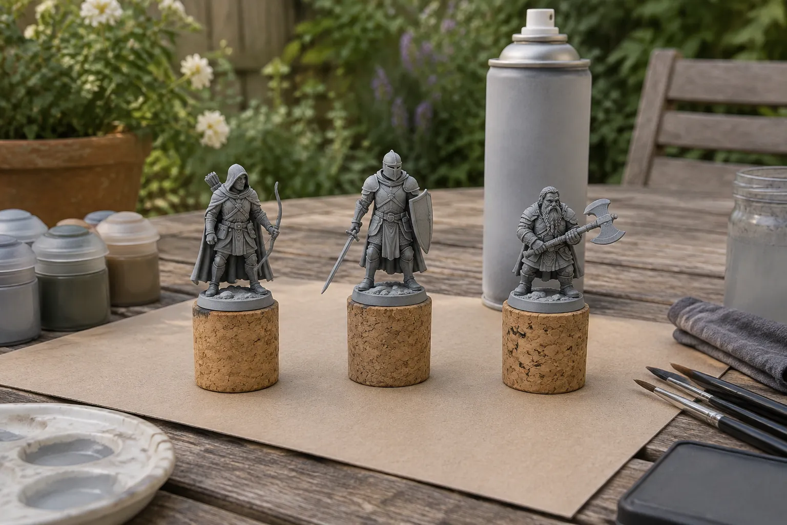 Three miniatures with a thin even coat of grey primer on a garden table.