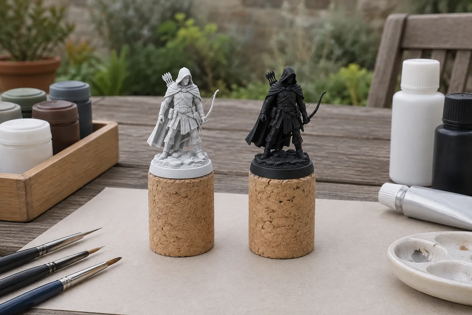 Two identical miniatures on corks, one primed white and one primed black.