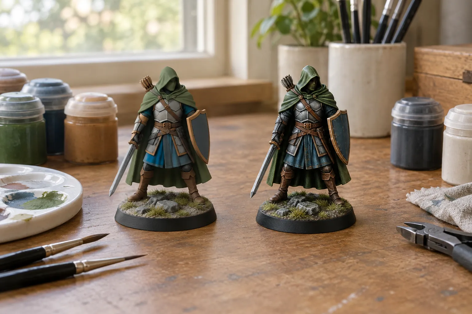 Two identical miniatures: flat base coats on the left, shaded and highlighted on the right.