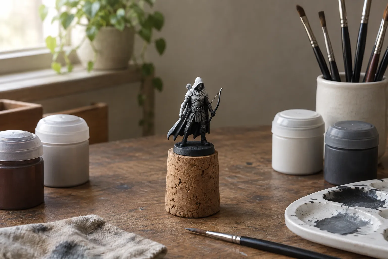 A zenithal-primed miniature: pale on the top surfaces, dark in the recesses.
