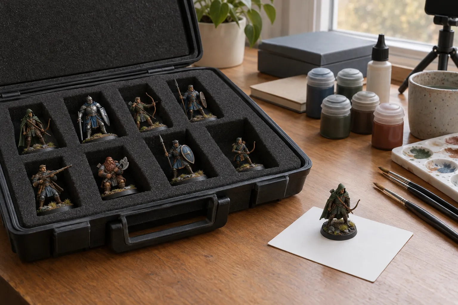 An open foam carry case of painted miniatures with one figure set out on white card in daylight.