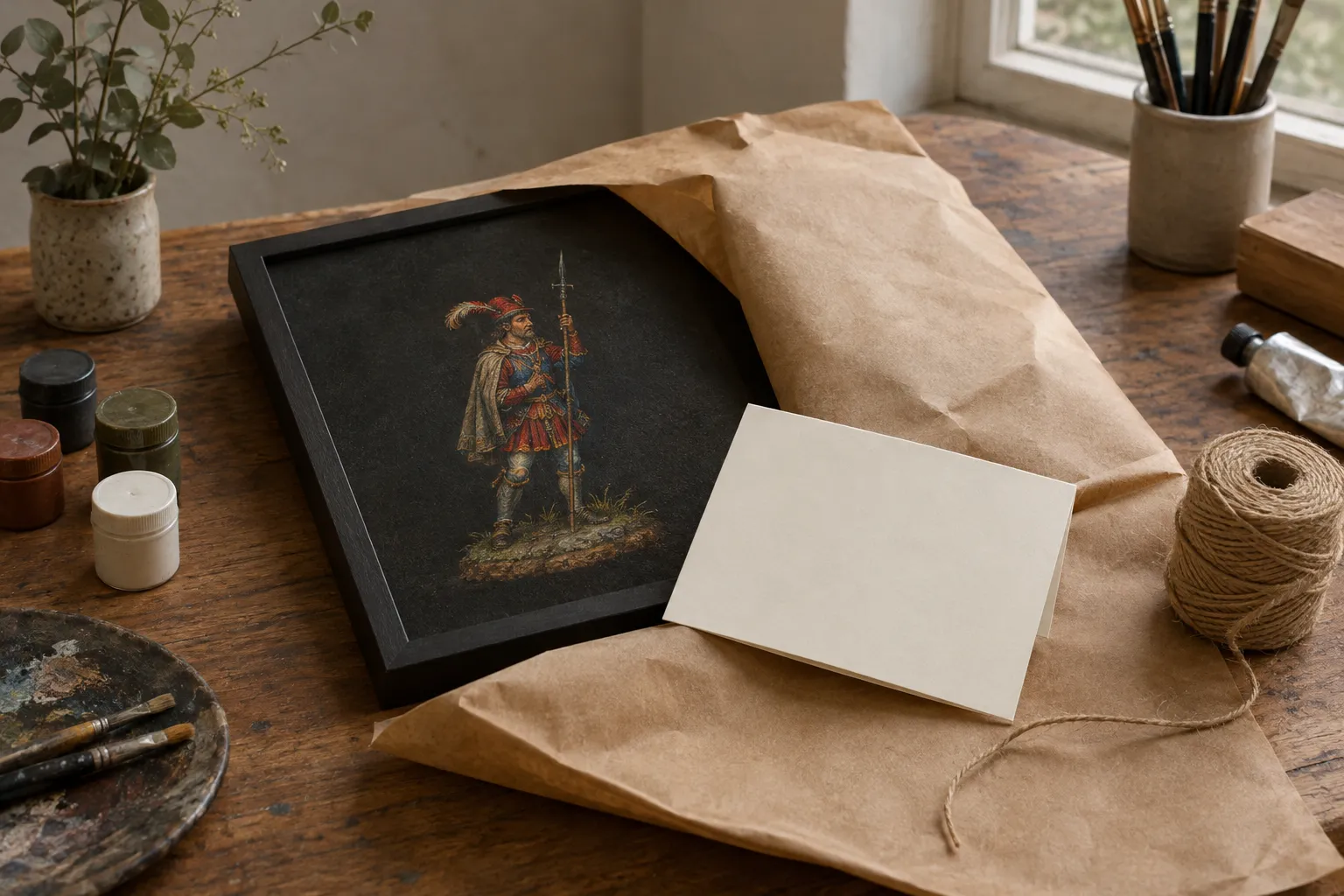 A framed picture of a painted miniature half wrapped in brown paper with a blank folded card on top.
