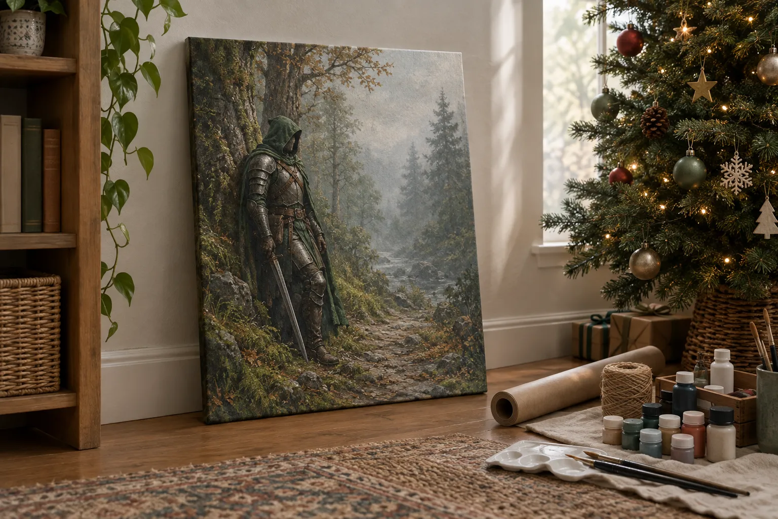 A canvas of a painted knight in a forest scene leaning beside a Christmas tree, brown paper ready.