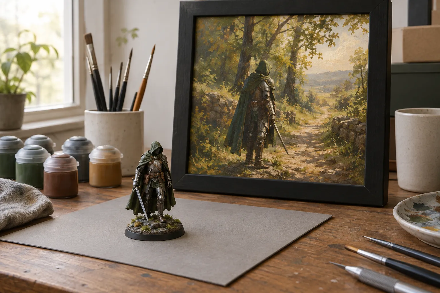 A painted miniature on grey card in front of a framed painting-style scene of the same figure