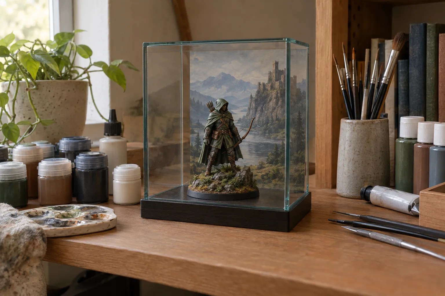A small glass case holding a painted miniature with a backdrop sized to fit.
