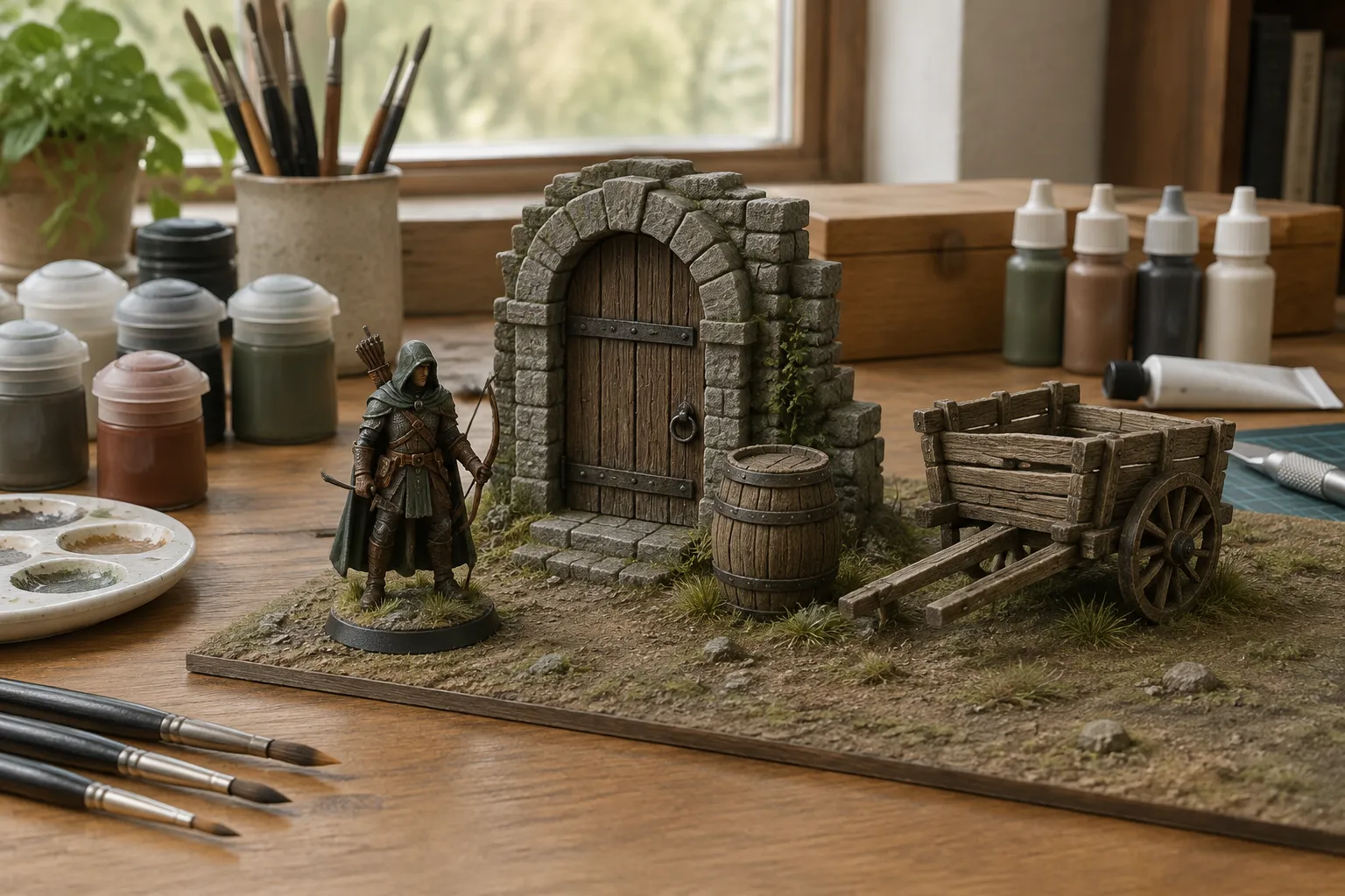 A painted miniature beside a scale doorway, barrel and cart built to match.