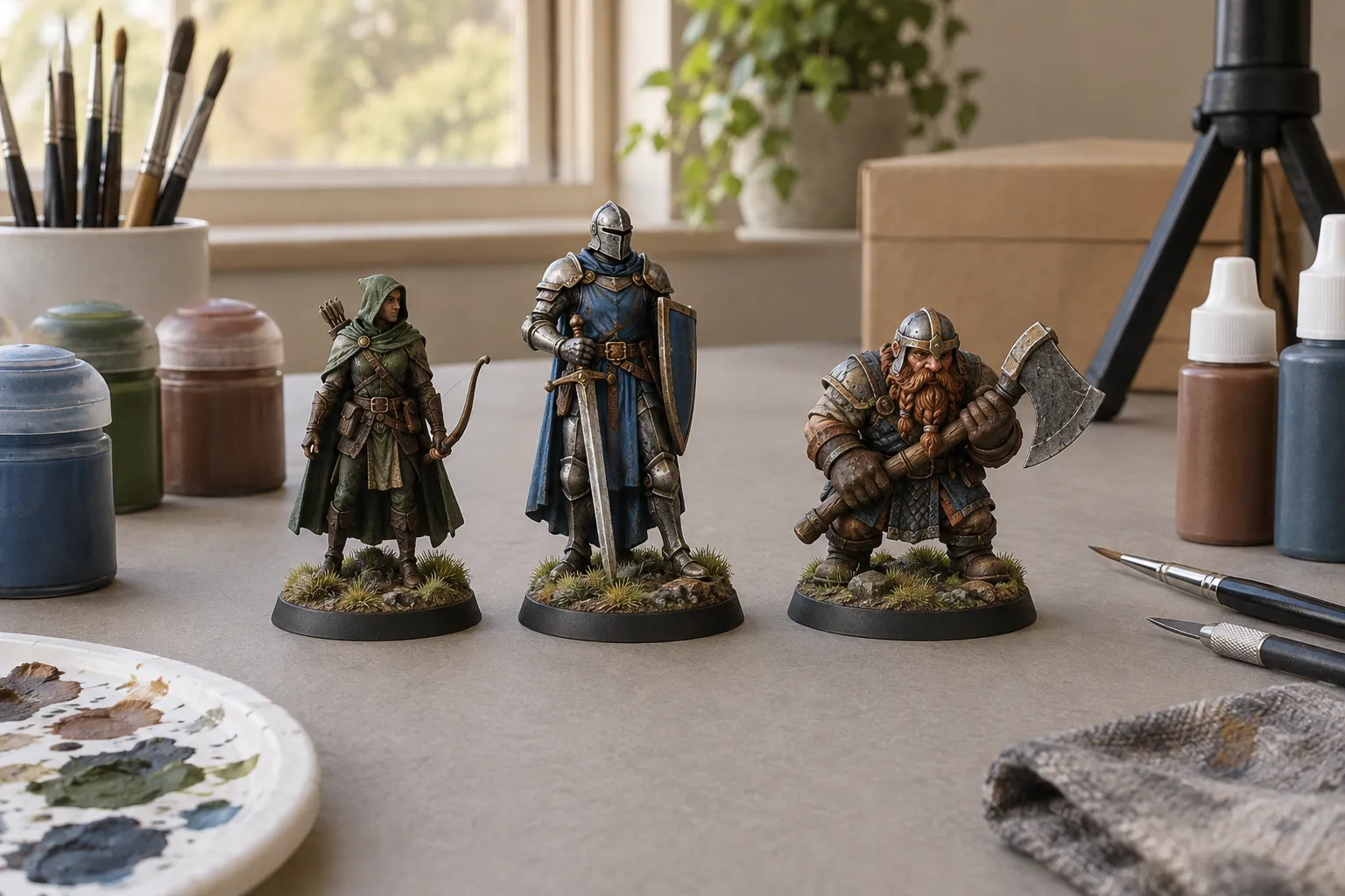 Three painted miniatures side by side: slender, taller, and chunky heroic proportions.