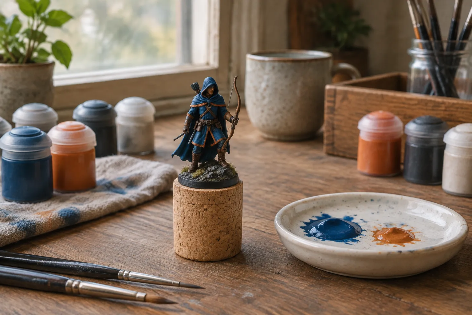 A painted miniature dominated by deep blue with small orange accents, beside its palette.